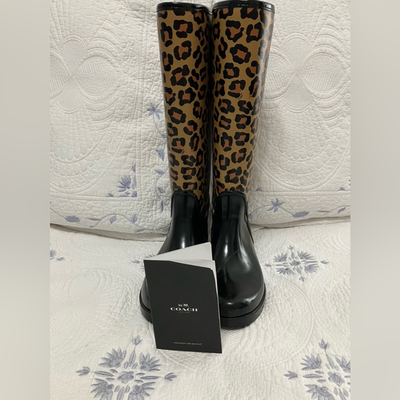 COACH Leopard/Solid Black Rain Boots with Gold Coach Grommets, Black/Gold Laces - Picture 3 of 16